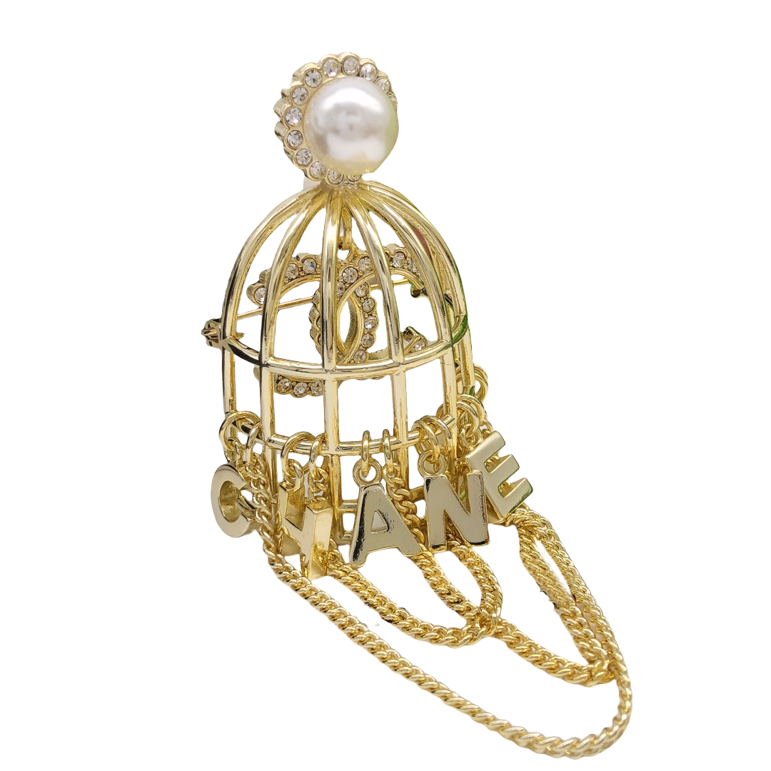 BCB240  Vintage Gold Birdcage fringe chain with crystal CC logo brooch PIN - ccjewelryacc