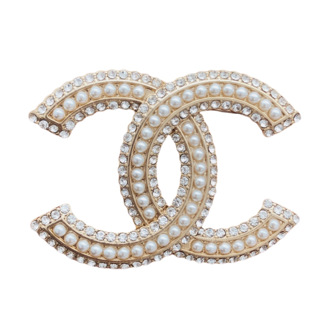 BCB040 Rhinestone and pearl CC logo brooch - ccjewelryacc
