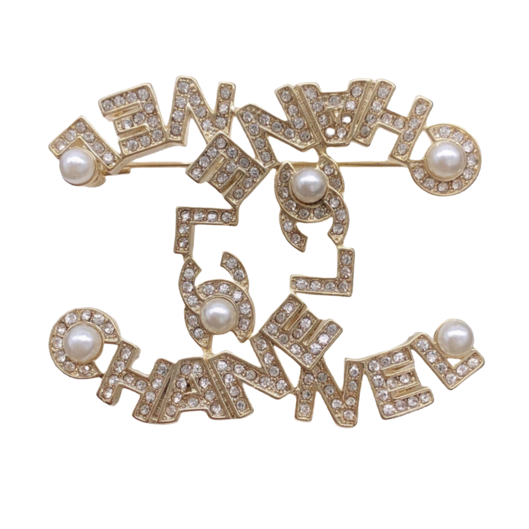 BCB111 Crystal and pearl letters CC logo brooch Pin - ccjewelryacc