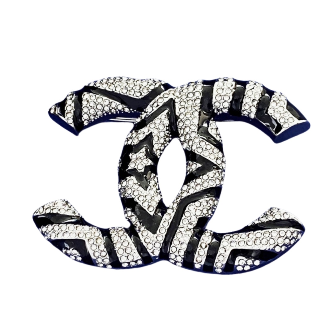 BCB050 Double C interlocking enamel black star and crystal brooch pin - ccfashionjewelry