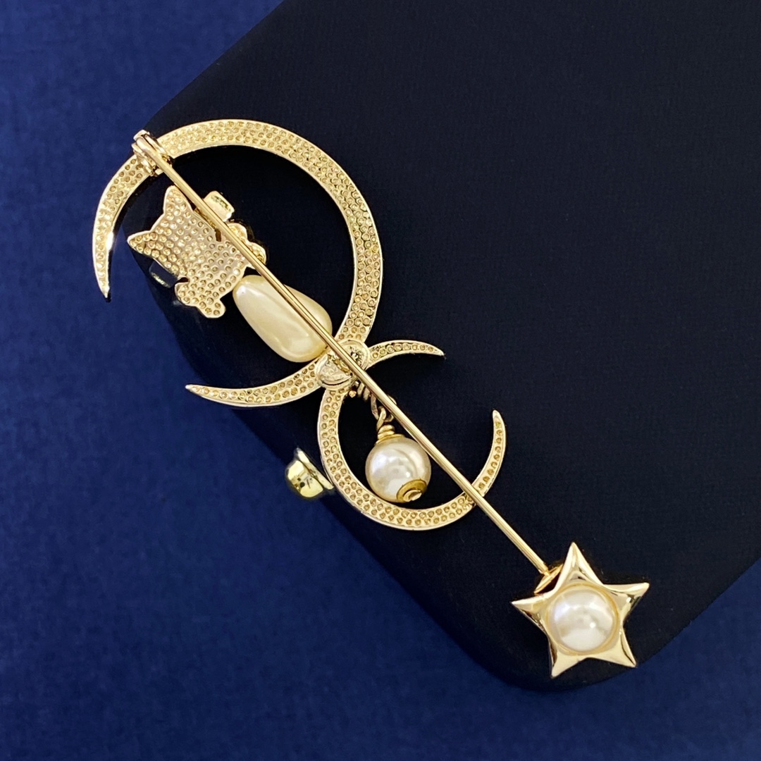 BCB237 Pearl Crystal CC Drop Star Cat Moon Brooch Gold - ccjewelryacc