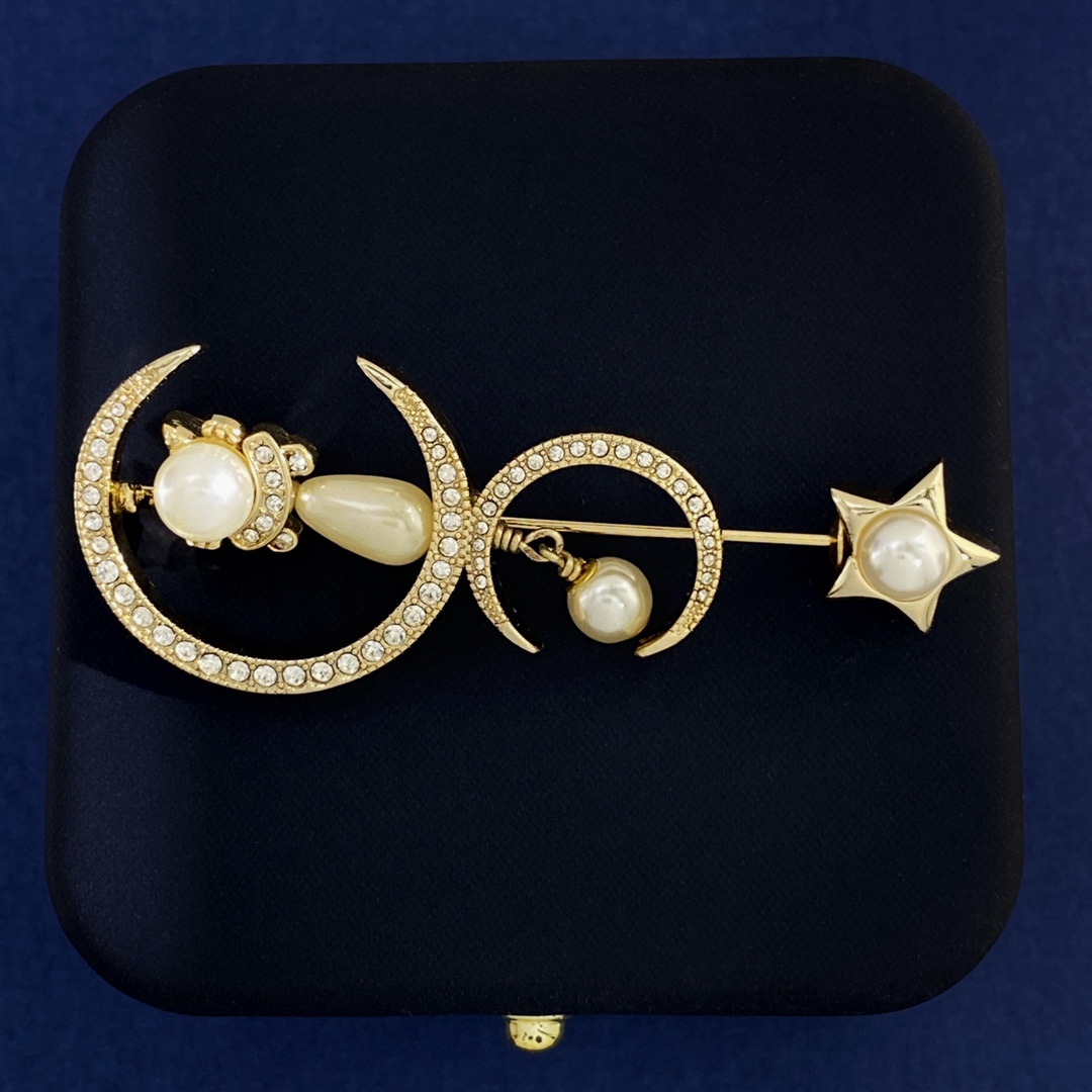 BCB237 Pearl Crystal CC Drop Star Cat Moon Brooch Gold - ccjewelryacc