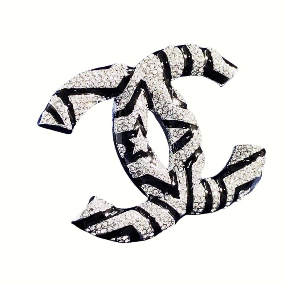 BCB050 Double C interlocking enamel black star and crystal brooch pin - ccfashionjewelry