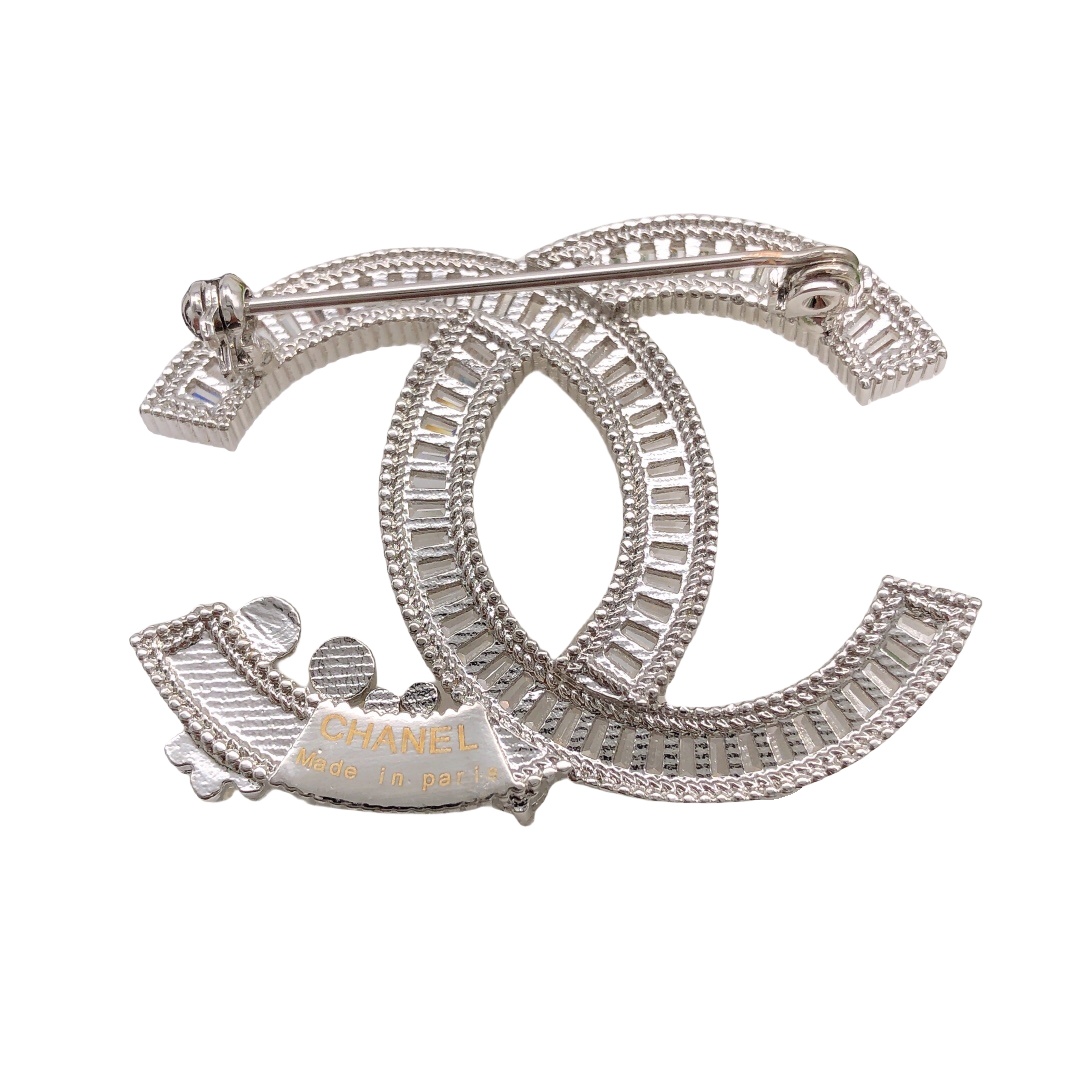 BCB054 Baguette crystal and pearl flower cc logo brooch pin - ccjewelryacc