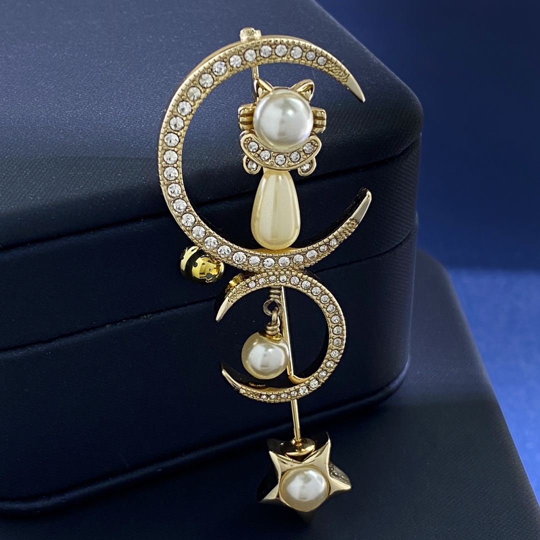 BCB237 Pearl Crystal CC Drop Star Cat Moon Brooch Gold - ccfashionjewelry