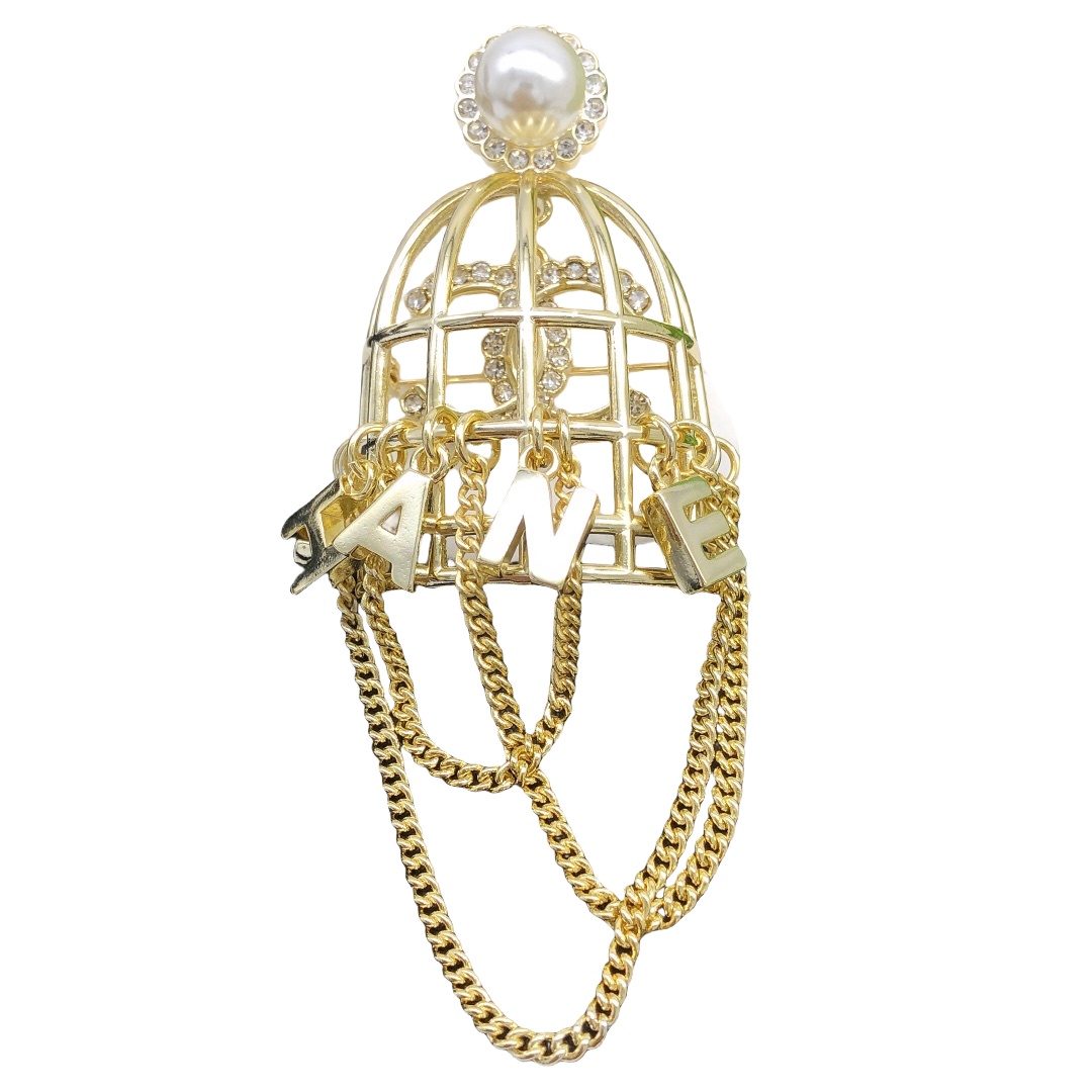 BCB240 Vintage Gold Birdcage fringe chain with crystal CC logo brooch PIN - ccfashionjewelry