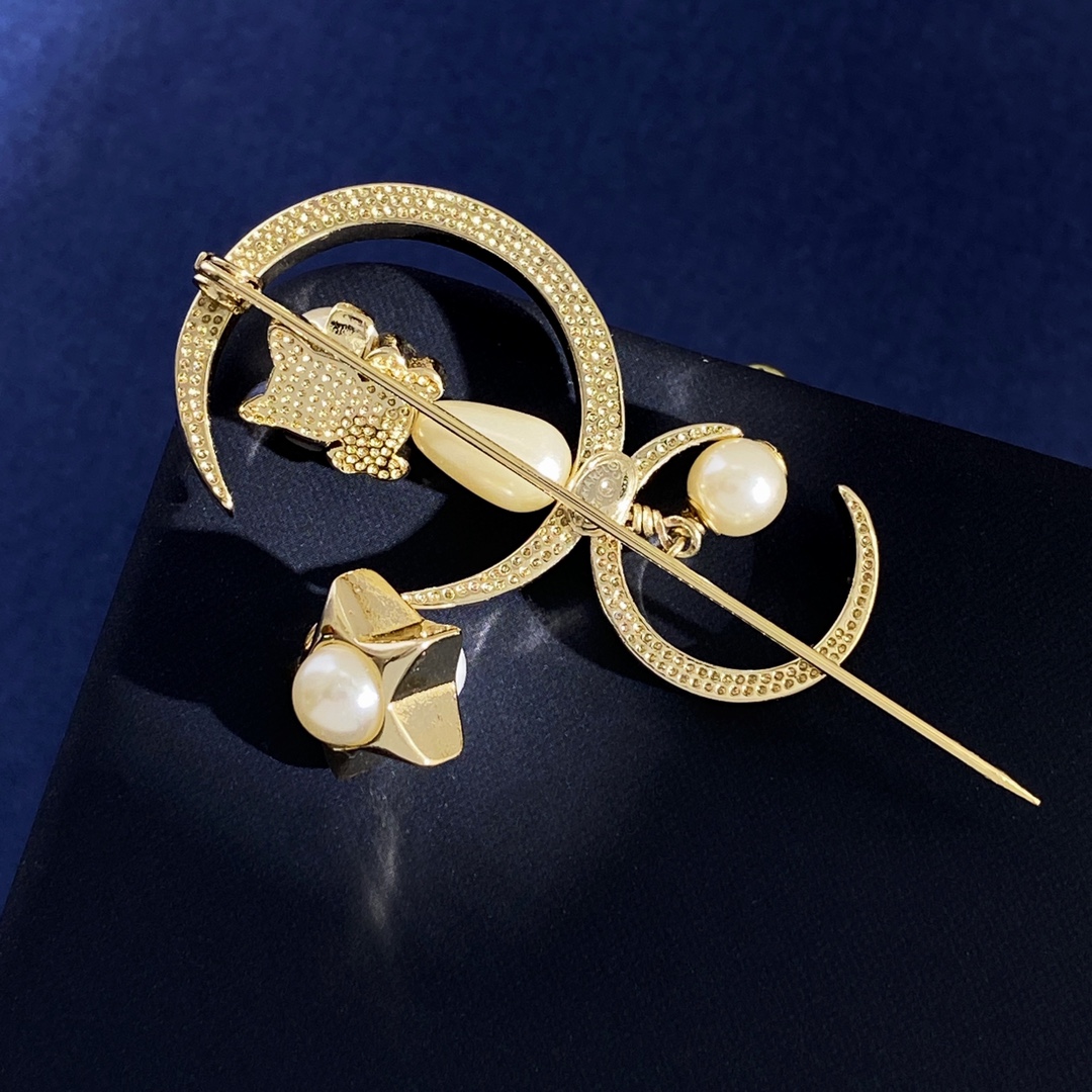 BCB237 Pearl Crystal CC Drop Star Cat Moon Brooch Gold - ccjewelryacc