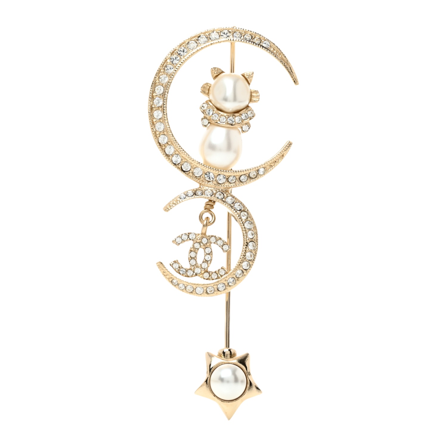 BCB237 Pearl Crystal CC Drop Star Cat Moon Brooch Gold - ccfashionjewelry