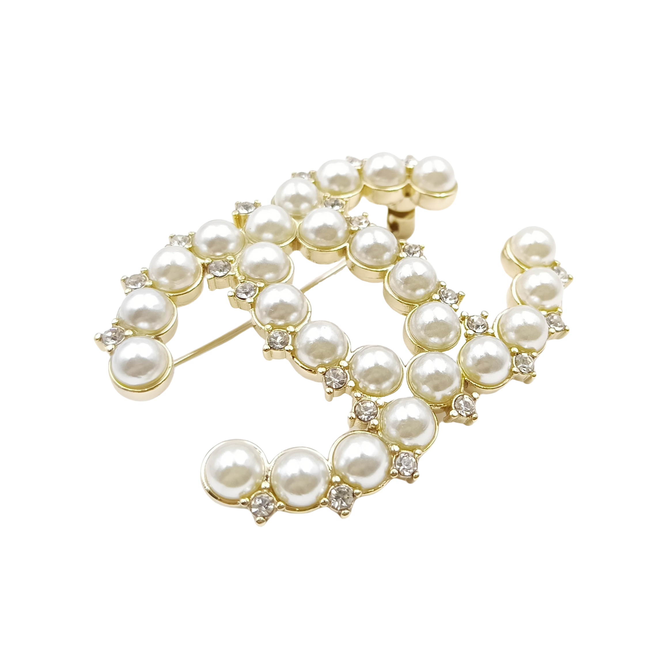 BCB024 CC Logo brooch crystal pearl pin gold - ccjewelryacc
