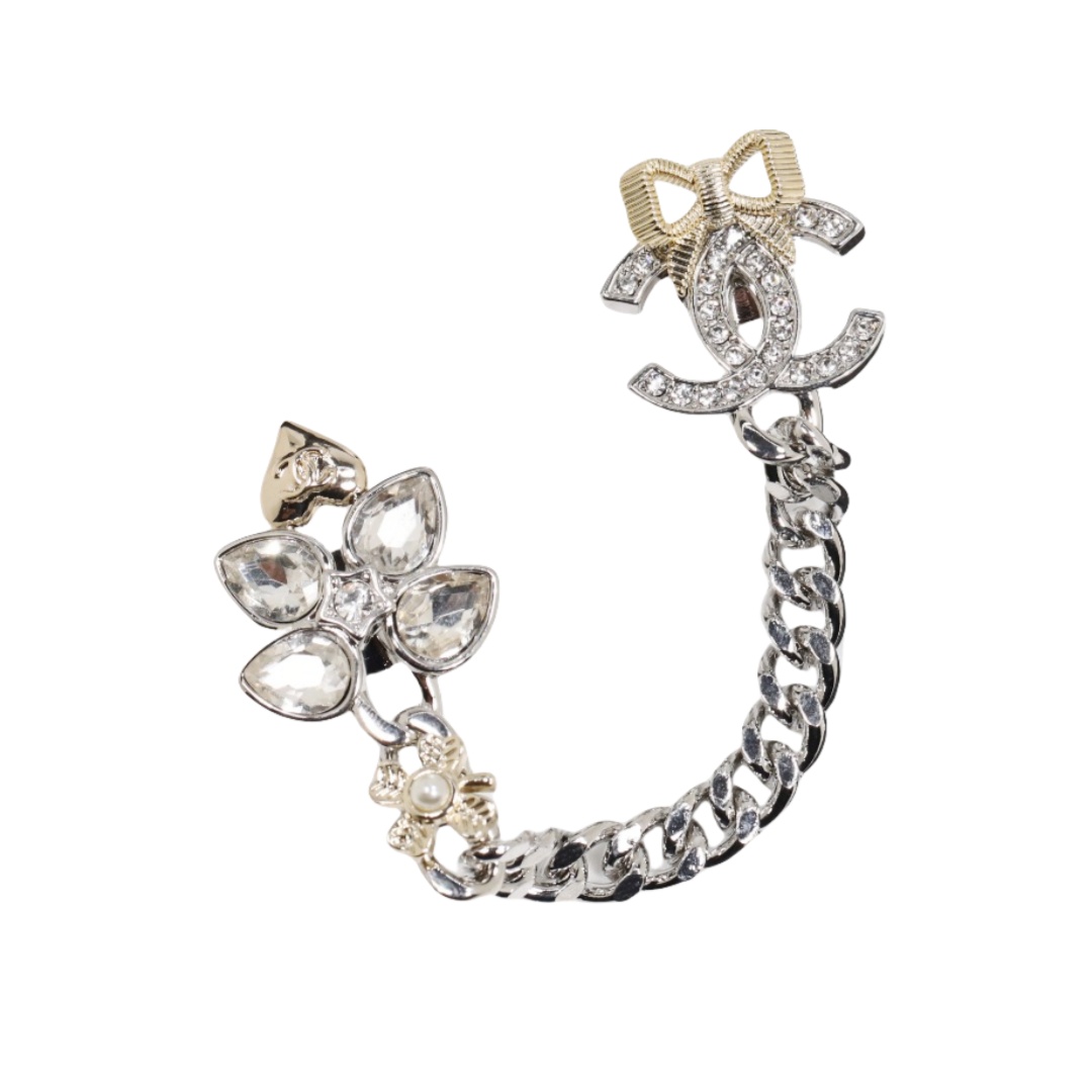 BCB498 Gold and white gold bow and flower with chain brooch pin - ccfashionjewelry