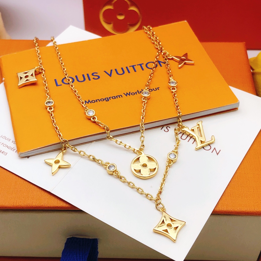 LVN109 Metal LV Double chain IDYLLE BLOSSOM iconic Monogram charms necklace - ccjewelryacc