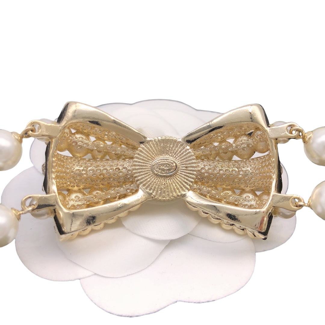 CCN260 Double Pearl chain with cc logo bow Choker Necklace - ccjewelryacc