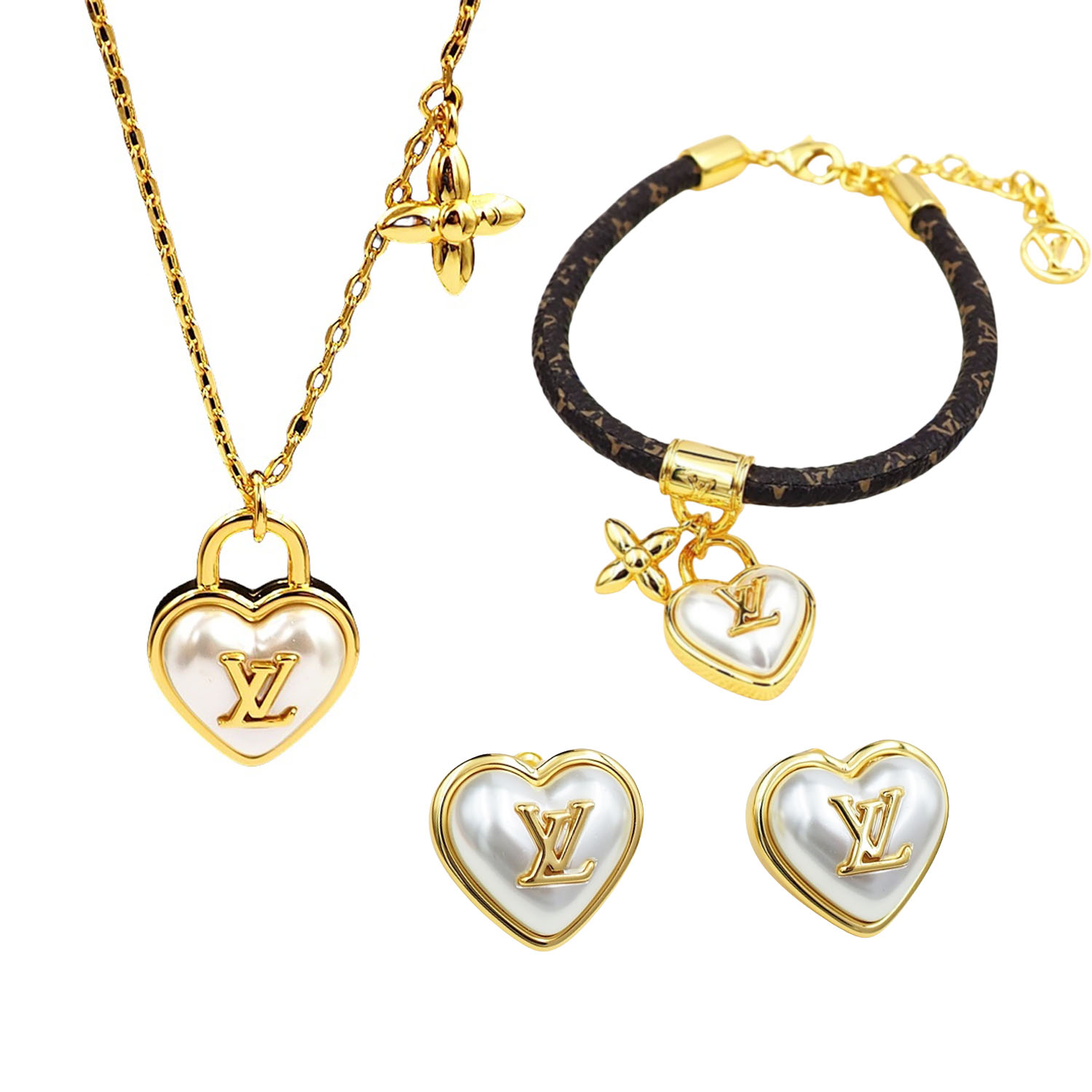LVT018 Vuitton Heart Padlock necklace bracelet stud earrings - ccfashionjewelry
