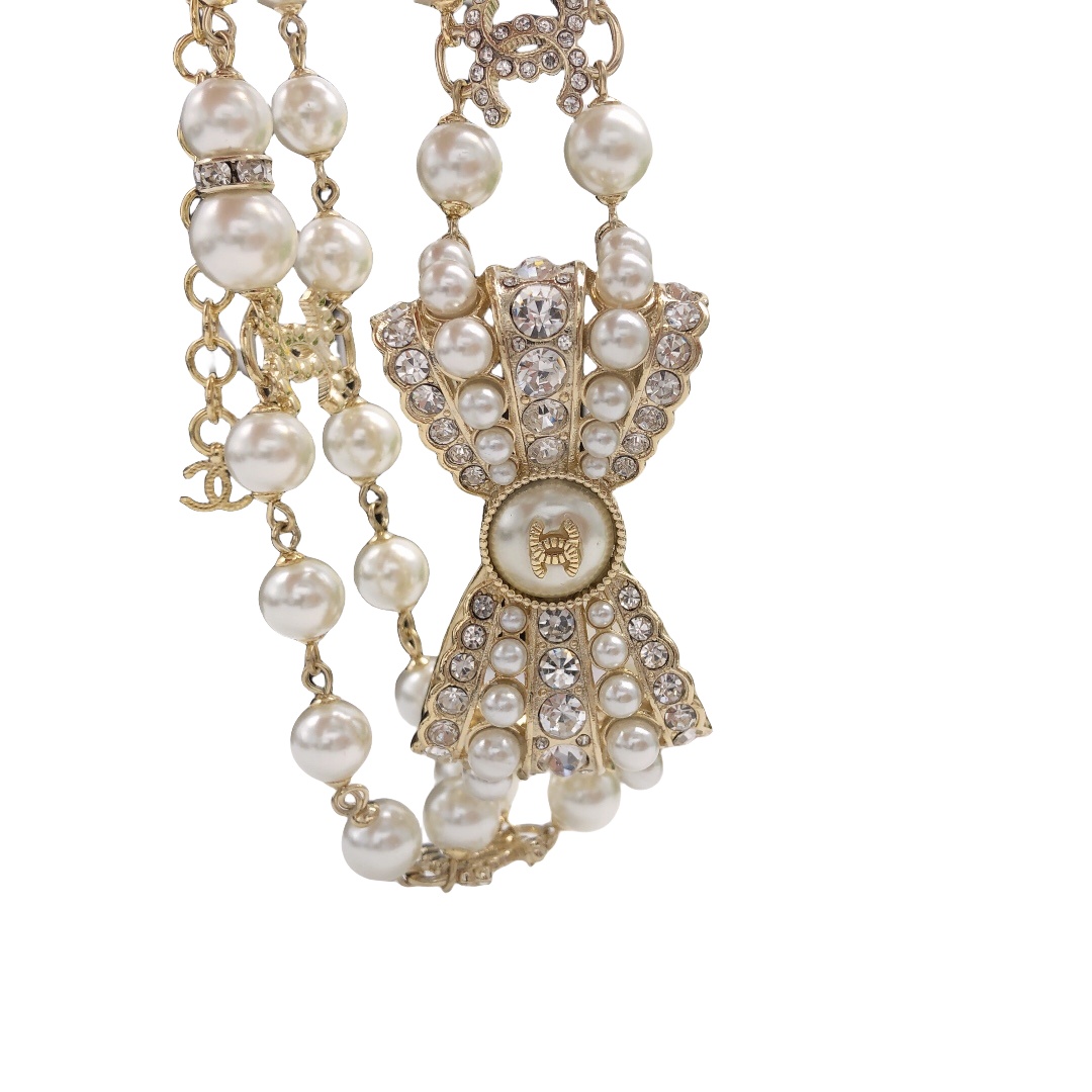 CCN260 Double Pearl chain with cc logo bow Choker Necklace - ccjewelryacc