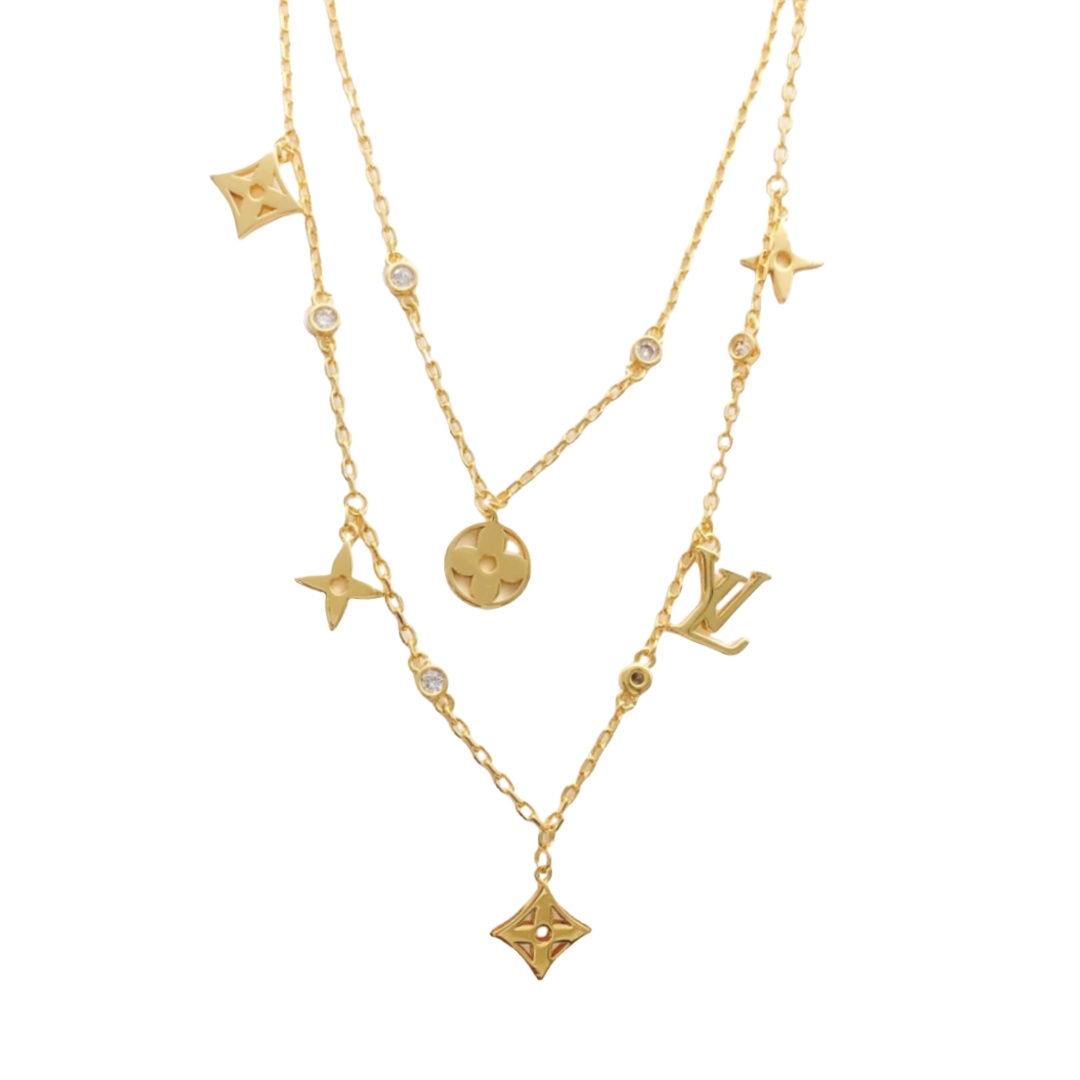 LVN109 Metal LV Double chain IDYLLE BLOSSOM iconic Monogram charms necklace - ccjewelryacc