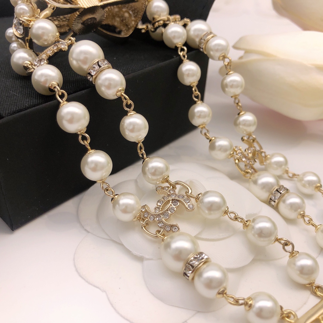 CCN260 Double Pearl chain with cc logo bow Choker Necklace - ccjewelryacc