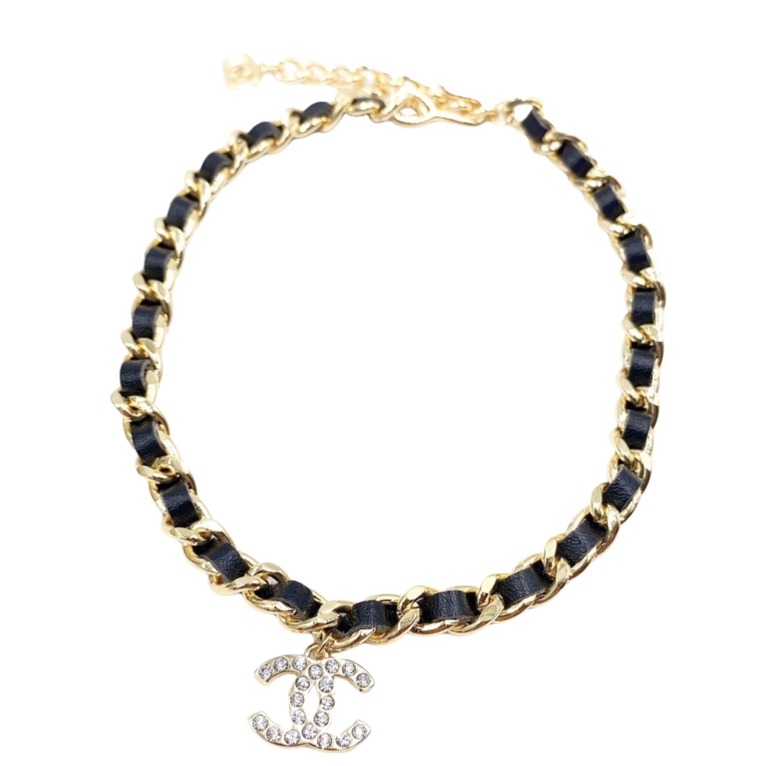 CCN074 Metal and leather chain with crystal CC logo pendant Necklace - ccfashionjewelry
