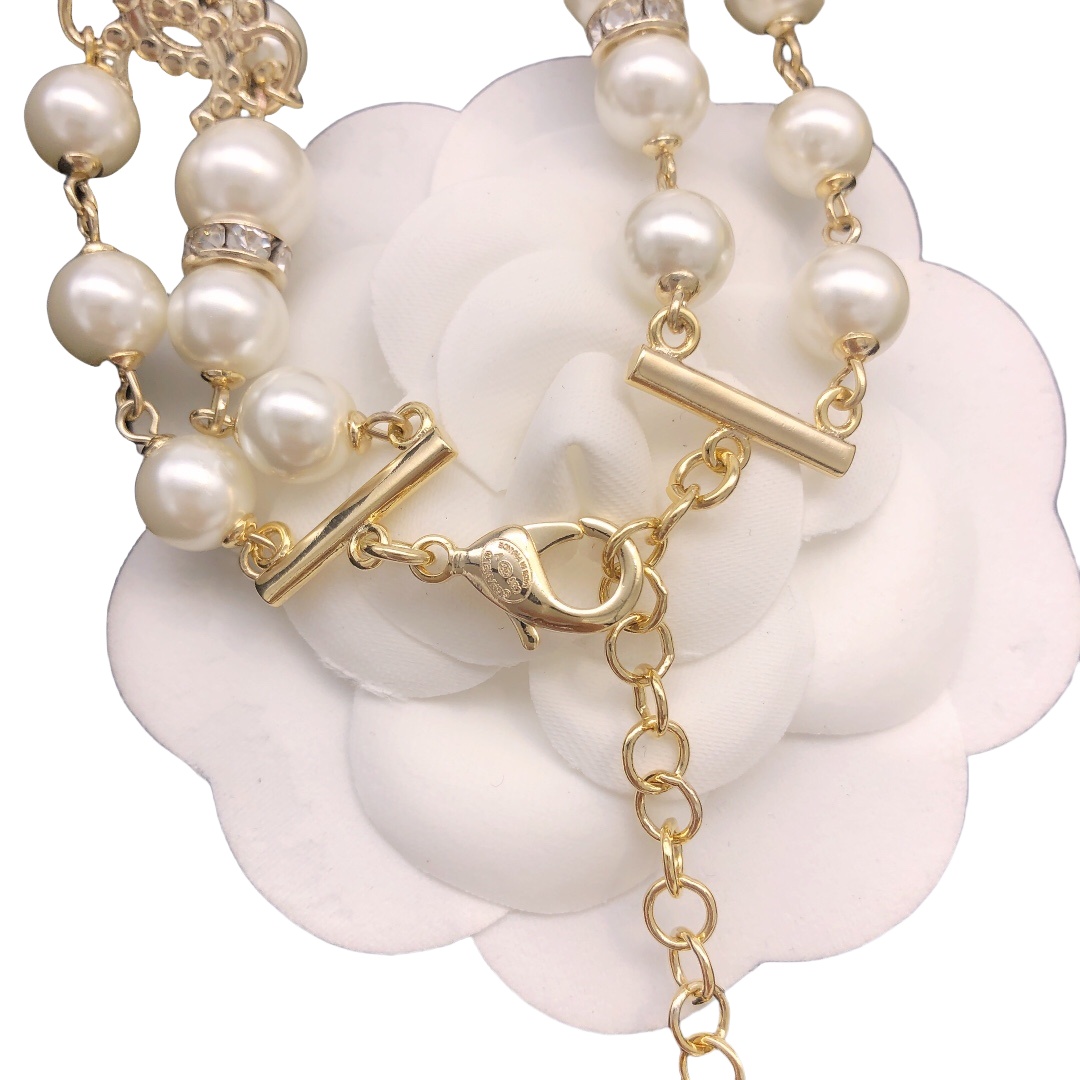 CCN260 Double Pearl chain with cc logo bow Choker Necklace - ccjewelryacc