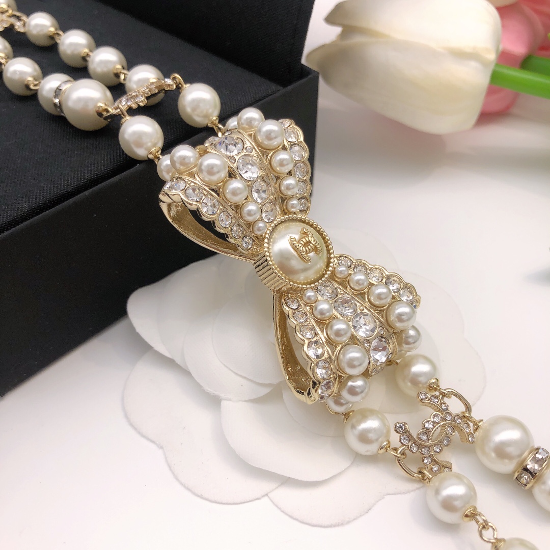 CCN260 Double Pearl chain with cc logo bow Choker Necklace - ccjewelryacc