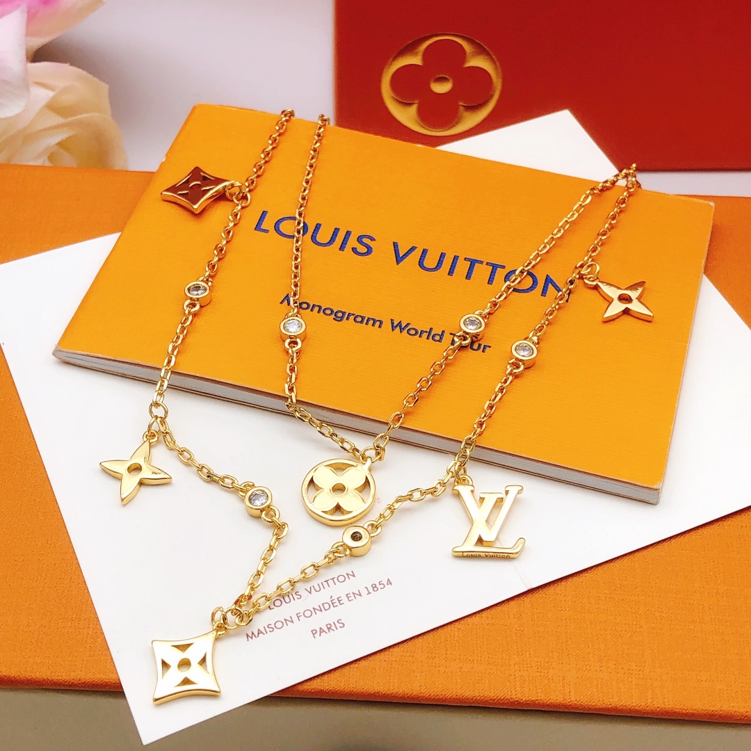 LVN109 Metal LV Double chain IDYLLE BLOSSOM iconic Monogram charms necklace - ccjewelryacc