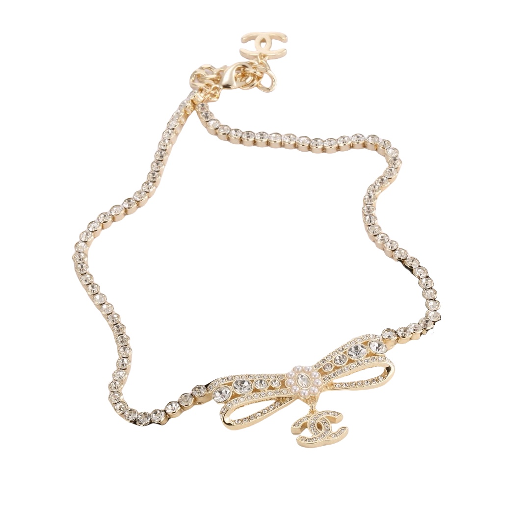 CCN144 Crystal bow with CC logo choker necklace - ccjewelryacc