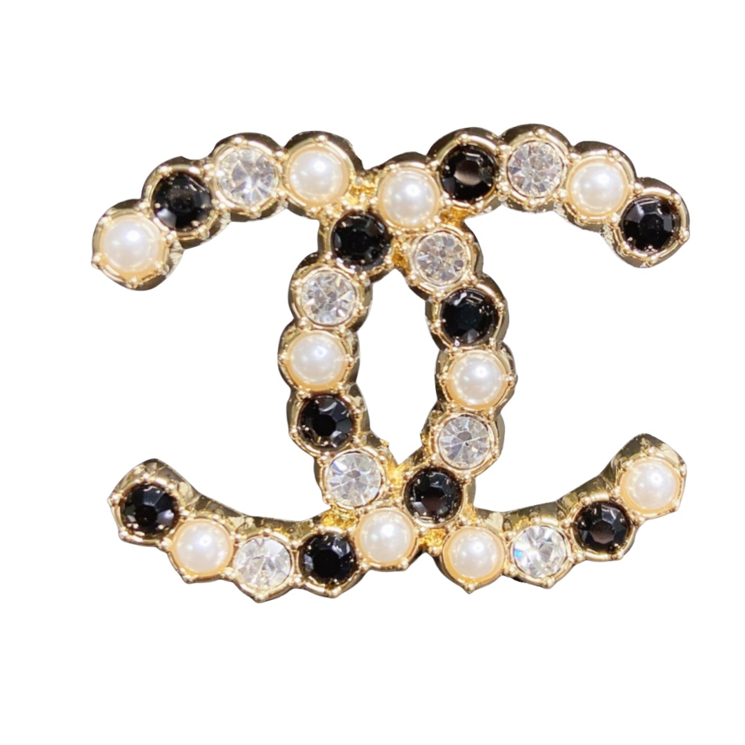 BCB145 Black and white crystal with pearl CC logo brooch pin - ccjewelryacc