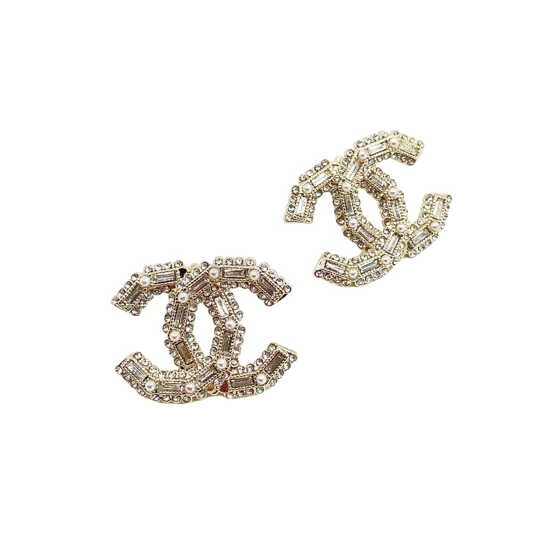 CCE219 100th anniversary crystal and pearl cc logo stud earrings - ccjewelryacc