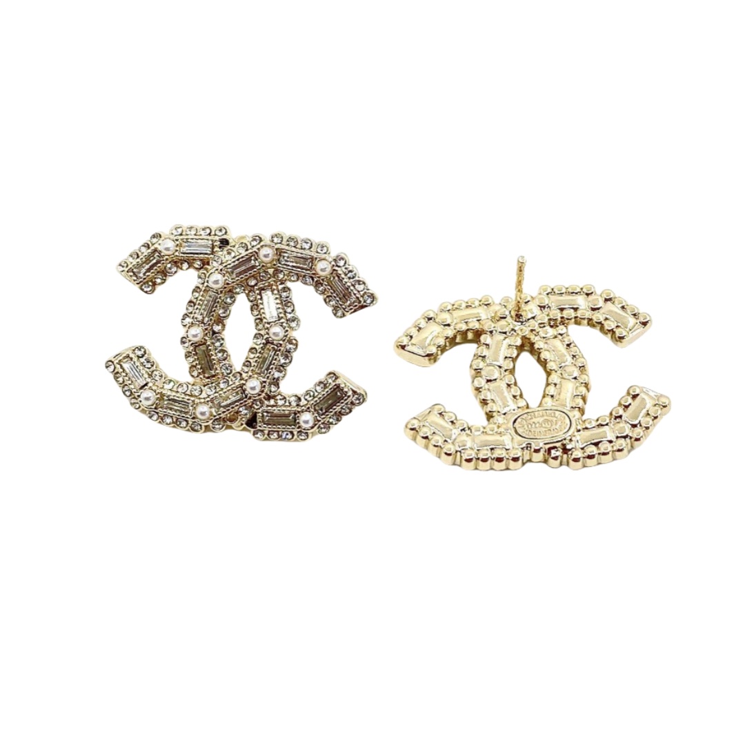 CCE219 100th anniversary crystal and pearl cc logo stud earrings - ccjewelryacc