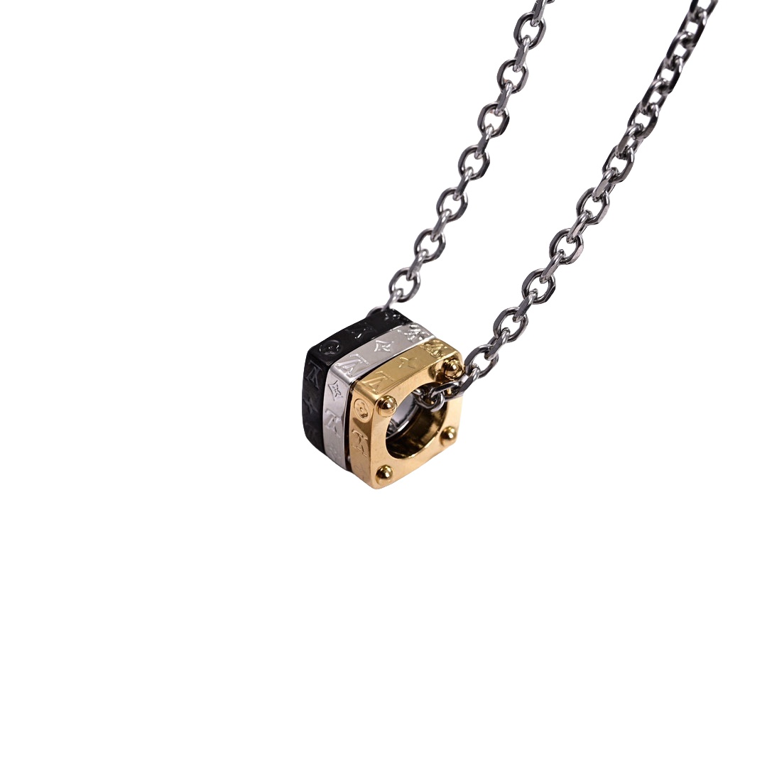 LVN002 LV Monogram bold letters Tricolor square metal ring necklace - ccfashionjewelry