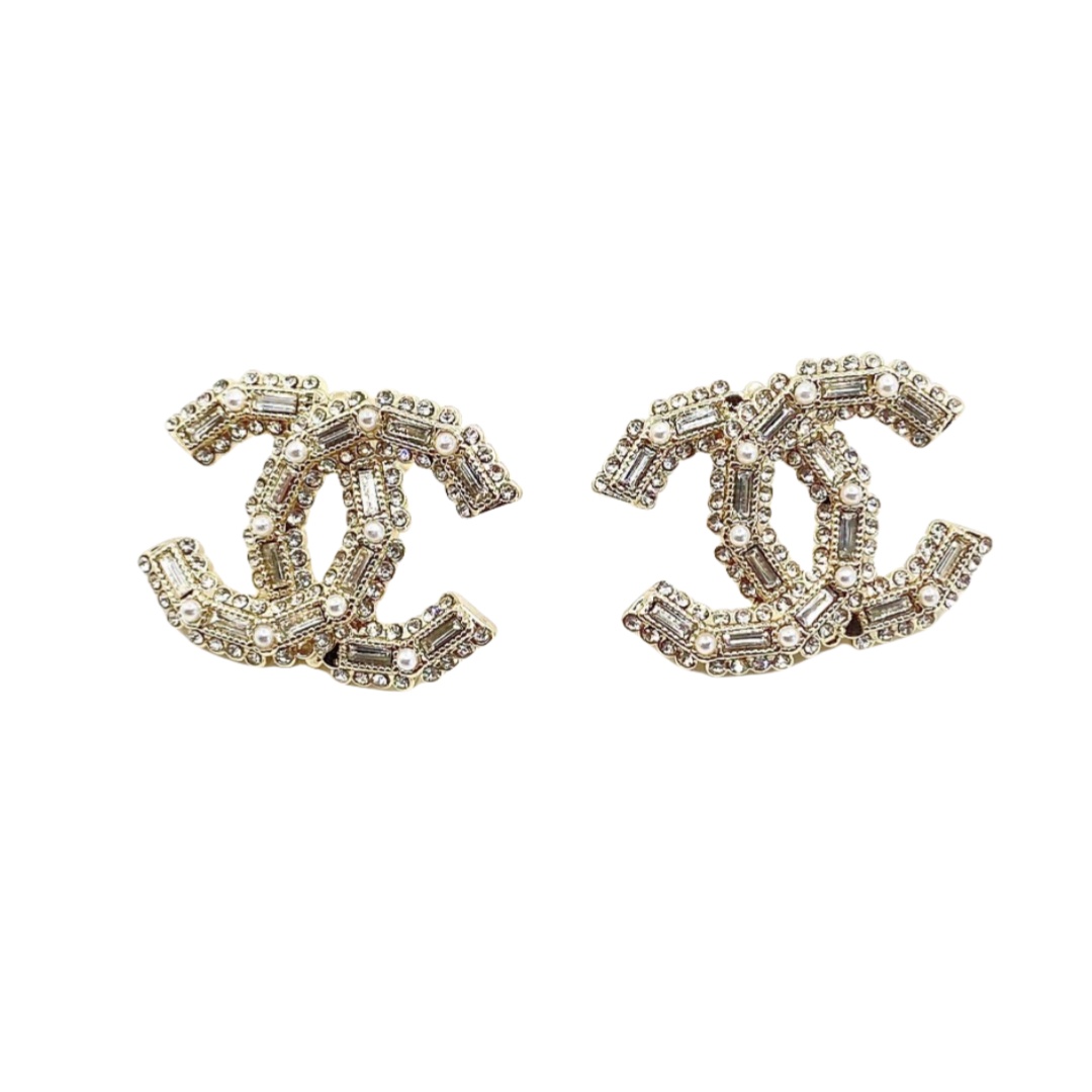 CCE219 100th anniversary crystal and pearl cc logo stud earrings - ccjewelryacc