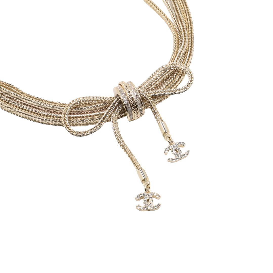 CCN568 Multi-layer multichain snake chain bow double C rhinestone choker necklace - ccjewelryacc