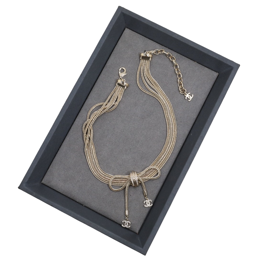 CCN568 Multi-layer multichain snake chain bow double C rhinestone choker necklace - ccjewelryacc