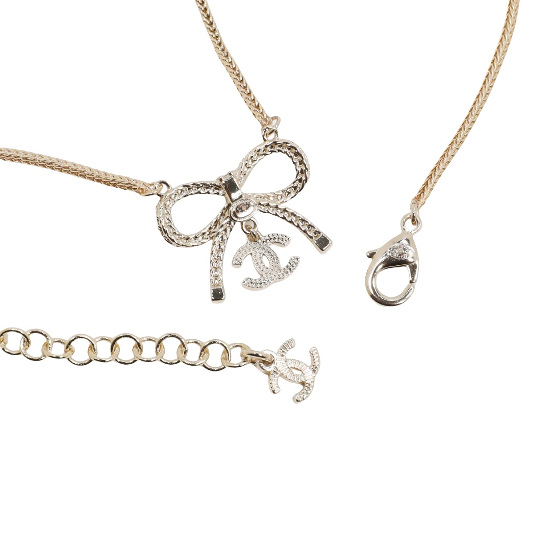 CCN567 Mute gold hollow bow double C rhinestone pendant necklace - ccjewelryacc