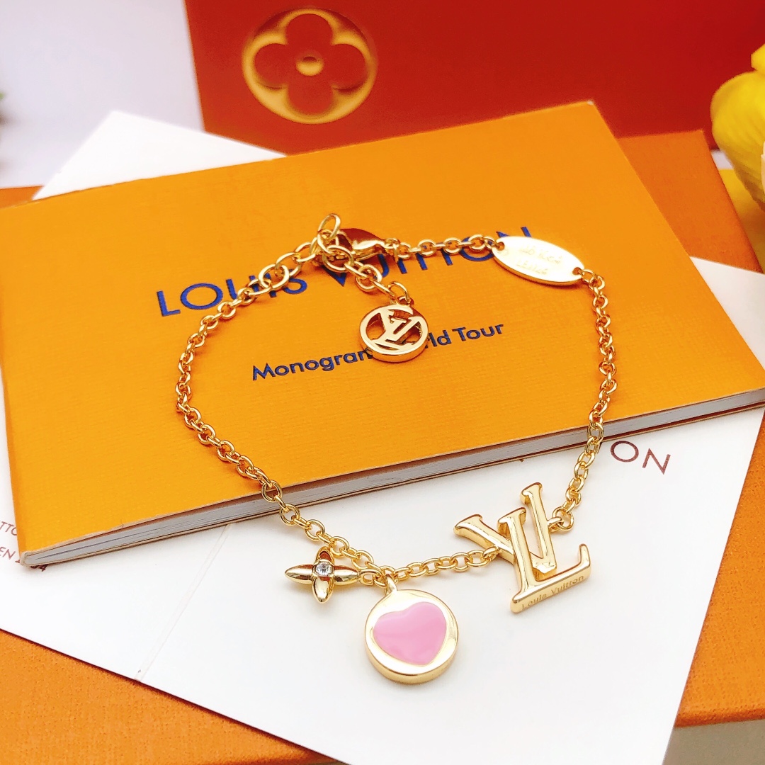 LVS020 M1211A LV Iconic and pink enamel Heart charm Bracelet - ccfashionjewelry