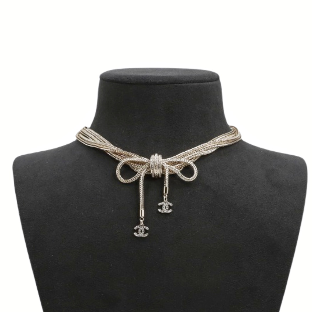 CCN568 Multi-layer multichain snake chain bow double C rhinestone choker necklace - ccfashionjewelry