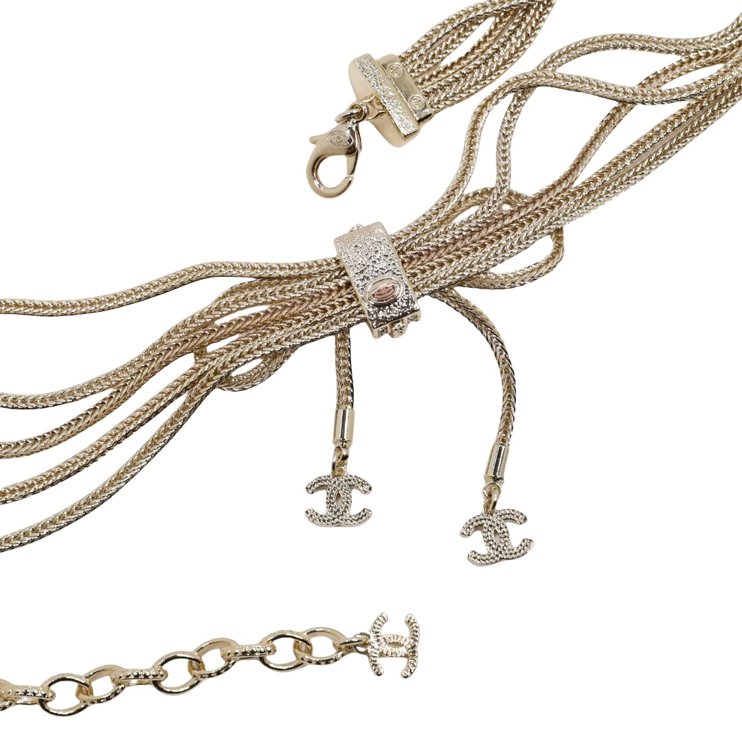 CCN568 Multi-layer multichain snake chain bow double C rhinestone choker necklace - ccjewelryacc