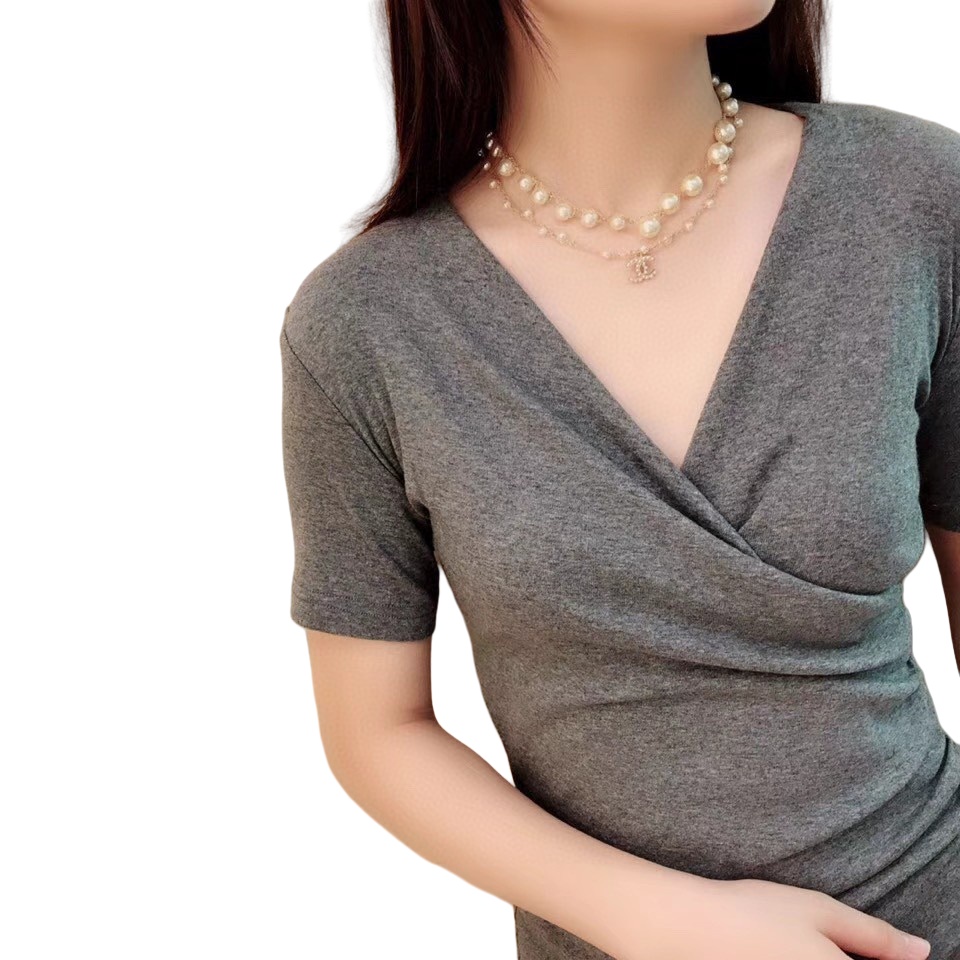 CCN243 Double stack pearl chain and CC logo pendant Choker Necklace - ccjewelryacc