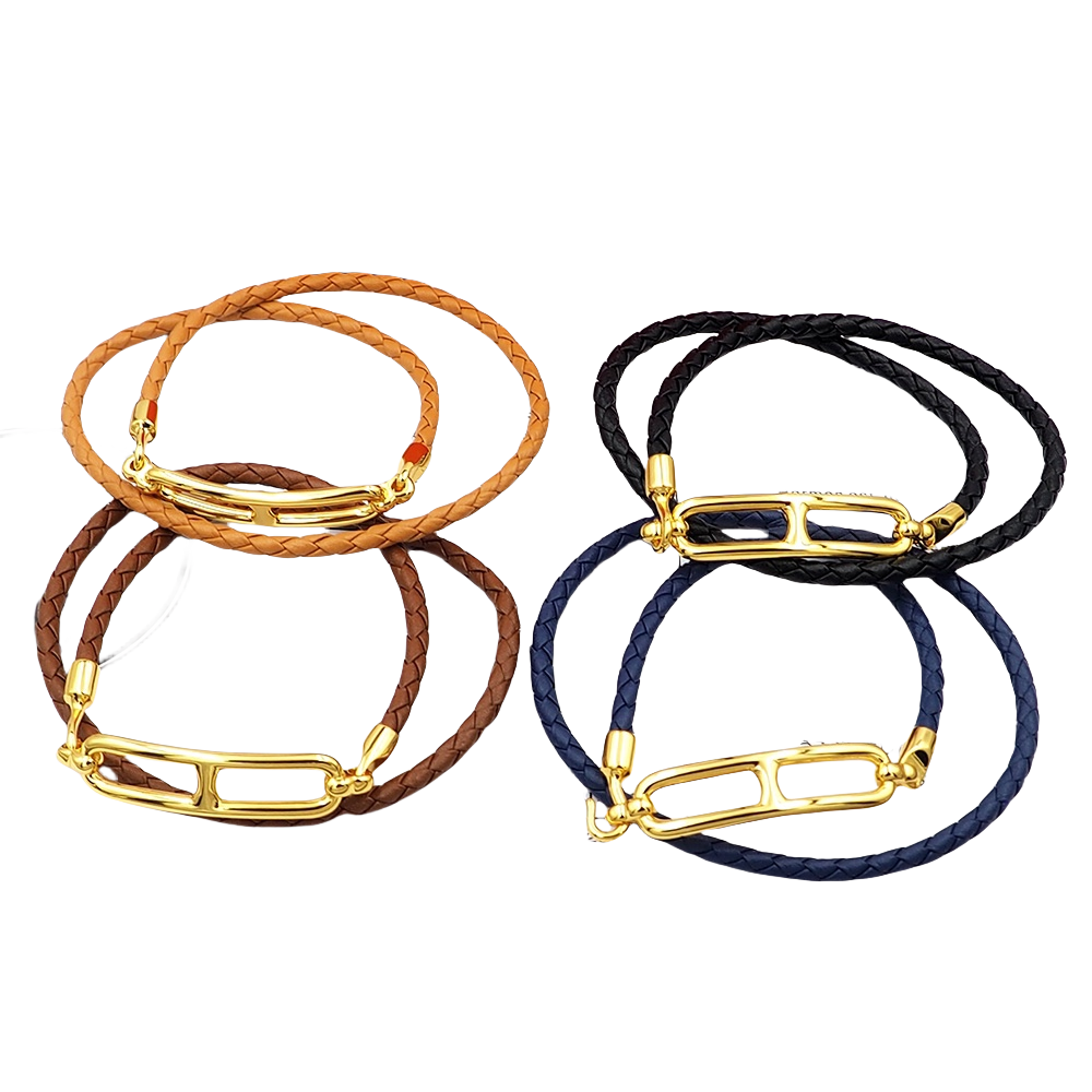 HMS034 Leather H buckle Roulis Double Tour bracelet for men - ccfashionjewelry