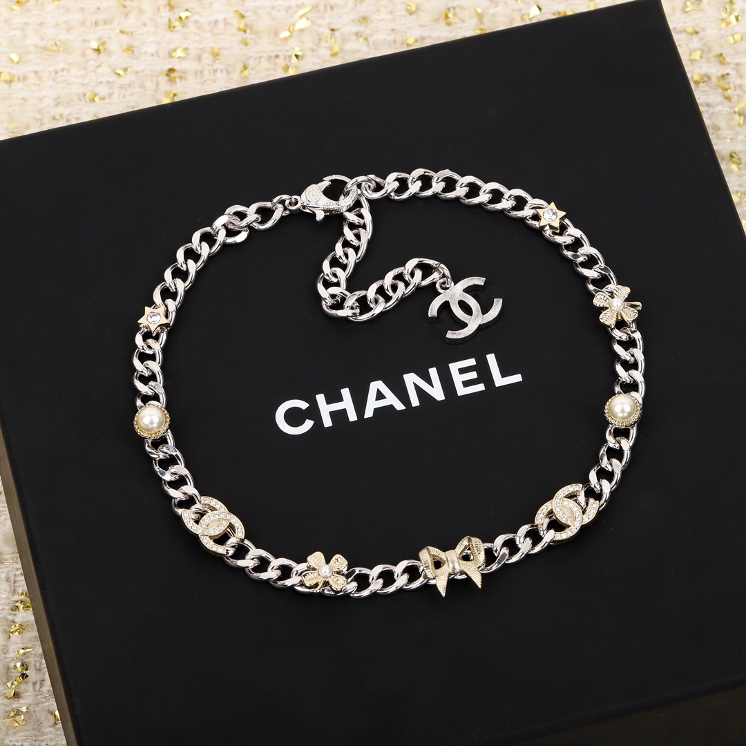 CCN571 24K Metal Four-leaf clover bow cc logo choker necklace - ccjewelryacc