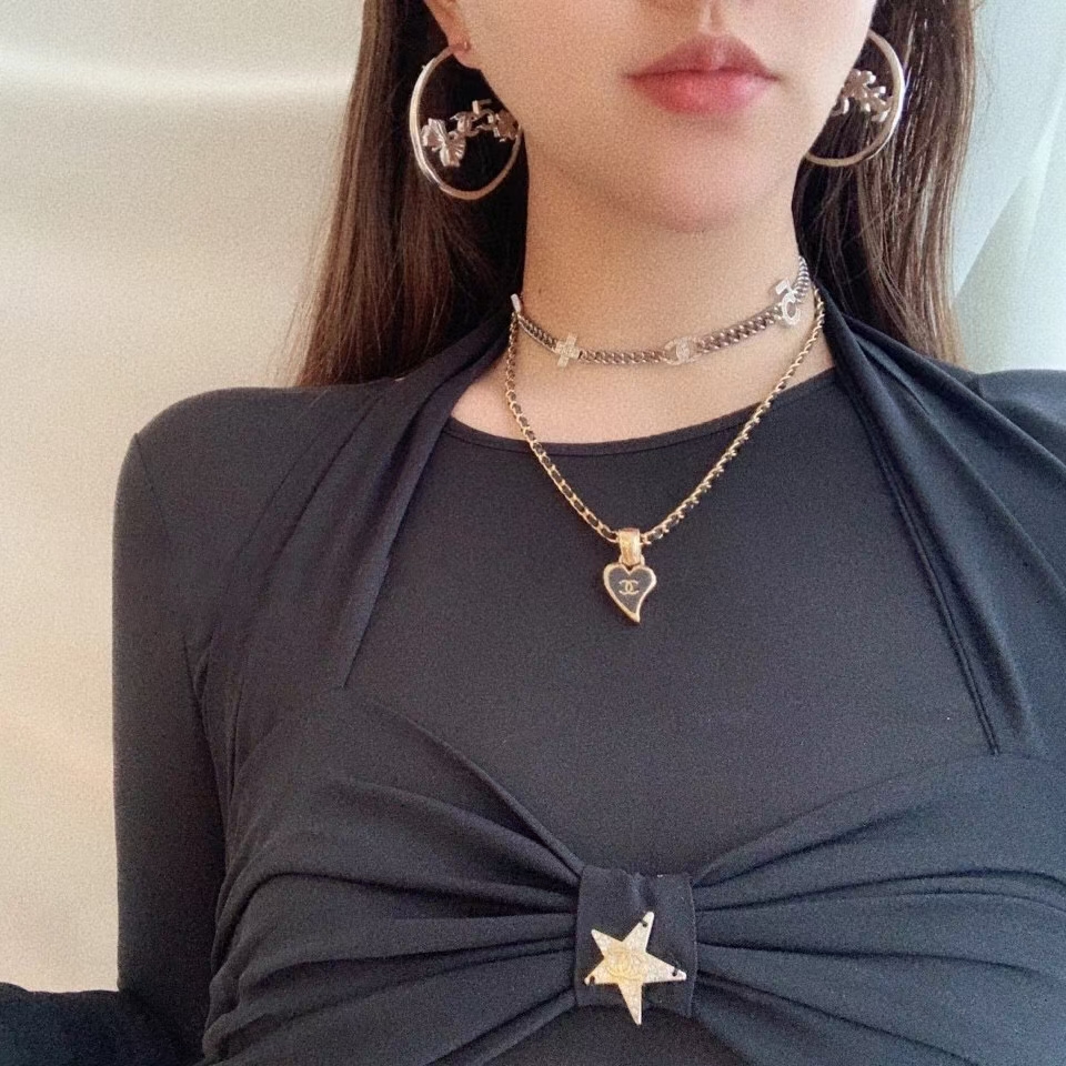 CCN073 Metal leather chain with Heart shape and cc logo Pendant Necklace - ccjewelryacc