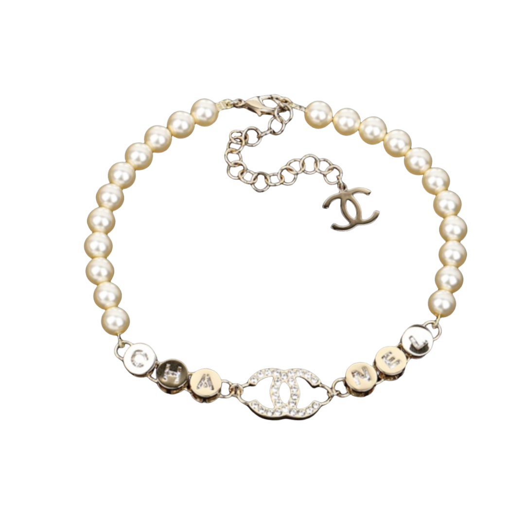 CCN577 24B gold bean letter double c pearl choker necklace - ccfashionjewelry