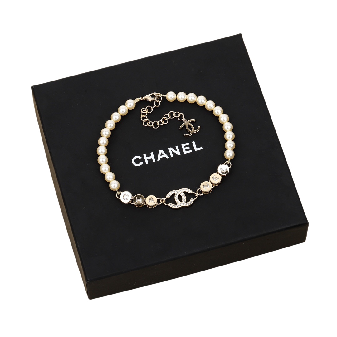 CCN577 24B gold bean letter double c pearl choker necklace - ccfashionjewelry