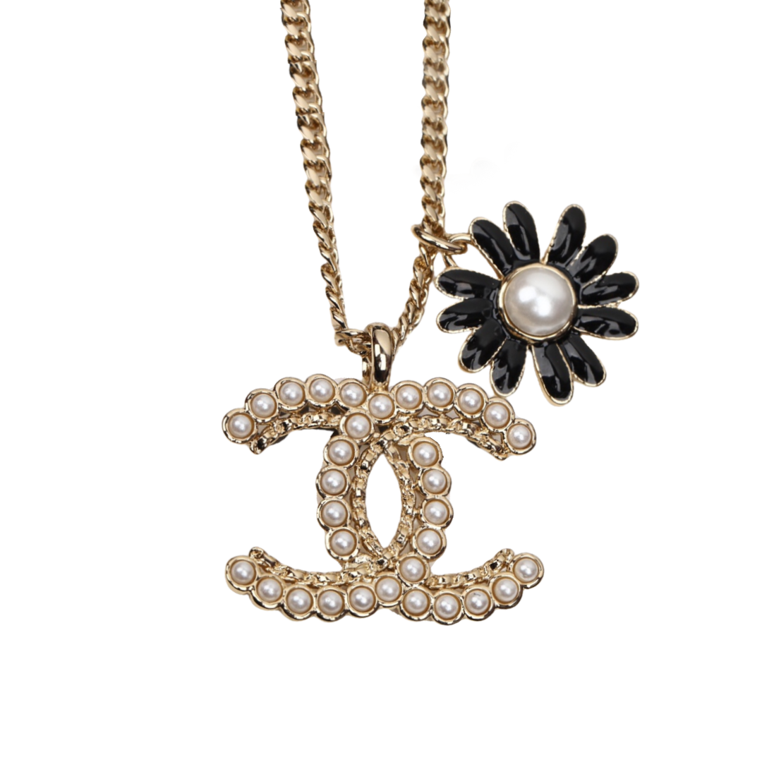 CCN576 23C Metal chain with pearl cc logo and black sun flower charm pendant necklace - ccfashionjewelry