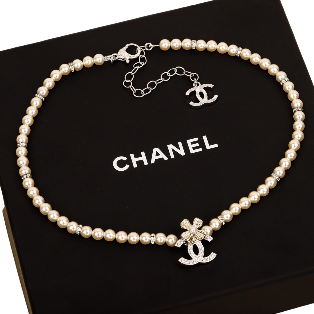 CCN575 Four-leaf clover double c pearl pendant necklace - ccfashionjewelry