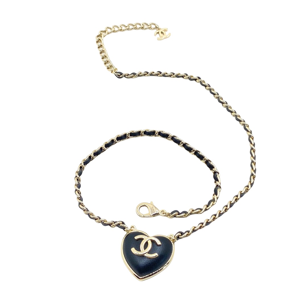 CCN573 Metal leather chain with leather heart and cc logo pendant necklace - ccjewelryacc