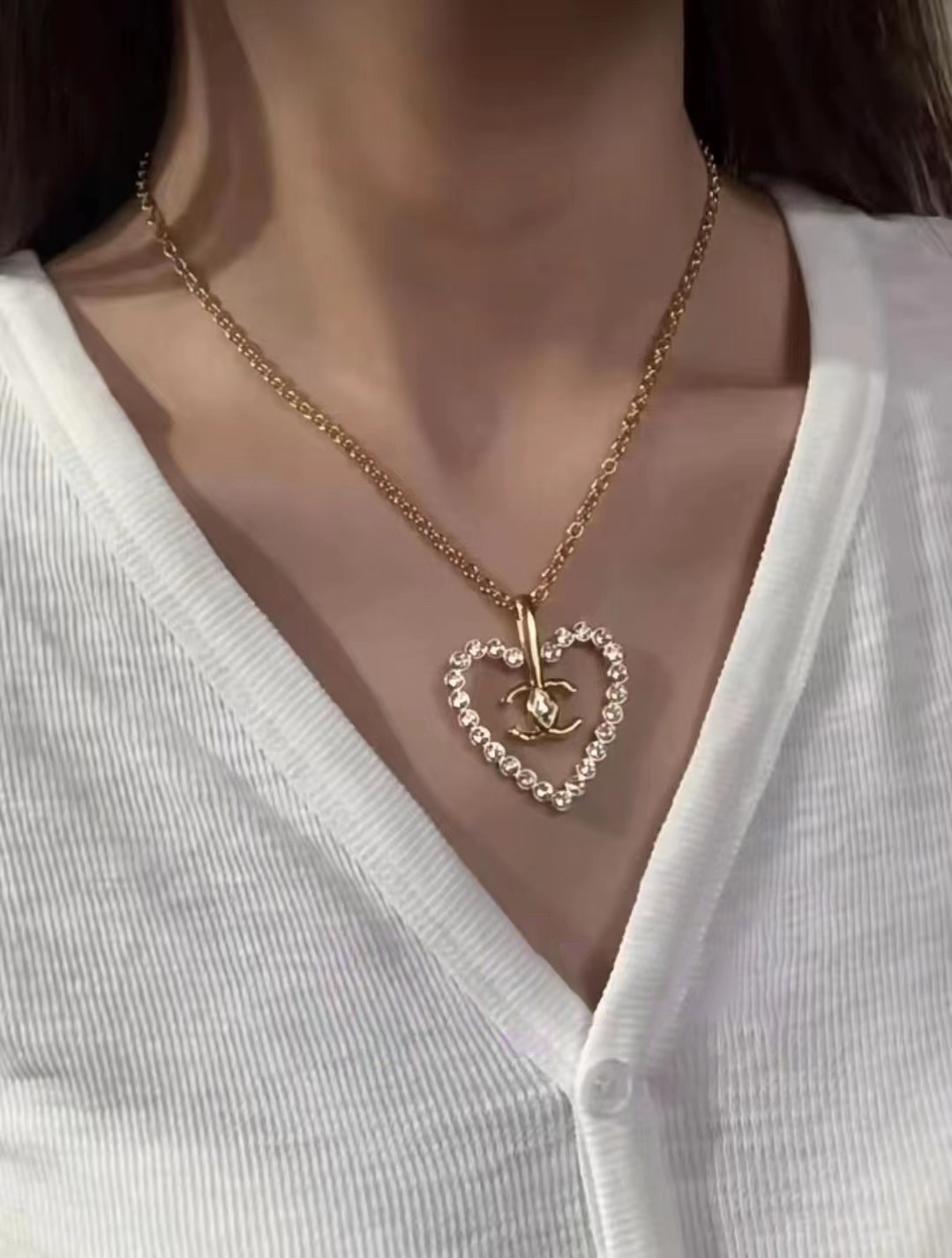 CCN417 COCO GOLD HEART ZIRCON CRYSTAL PENDANT NECKLACE CHAIN - ccjewelryacc