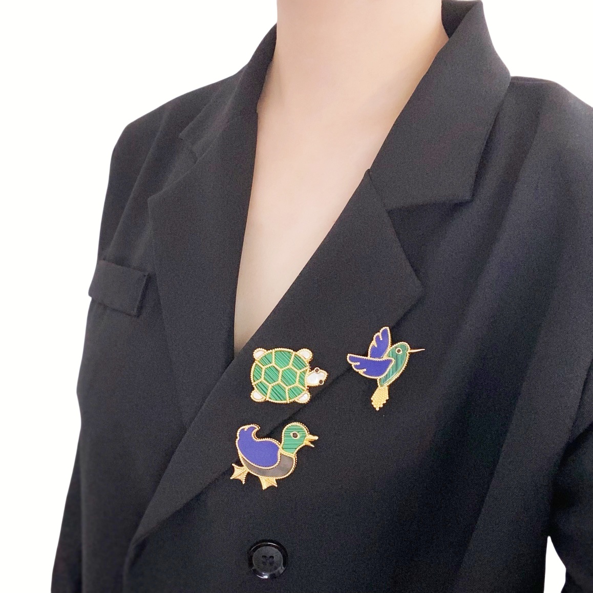 VCB013 Lucky Animals Lapis Malachite Humming Bird 18K Gold Brooch pin - ccjewelryacc