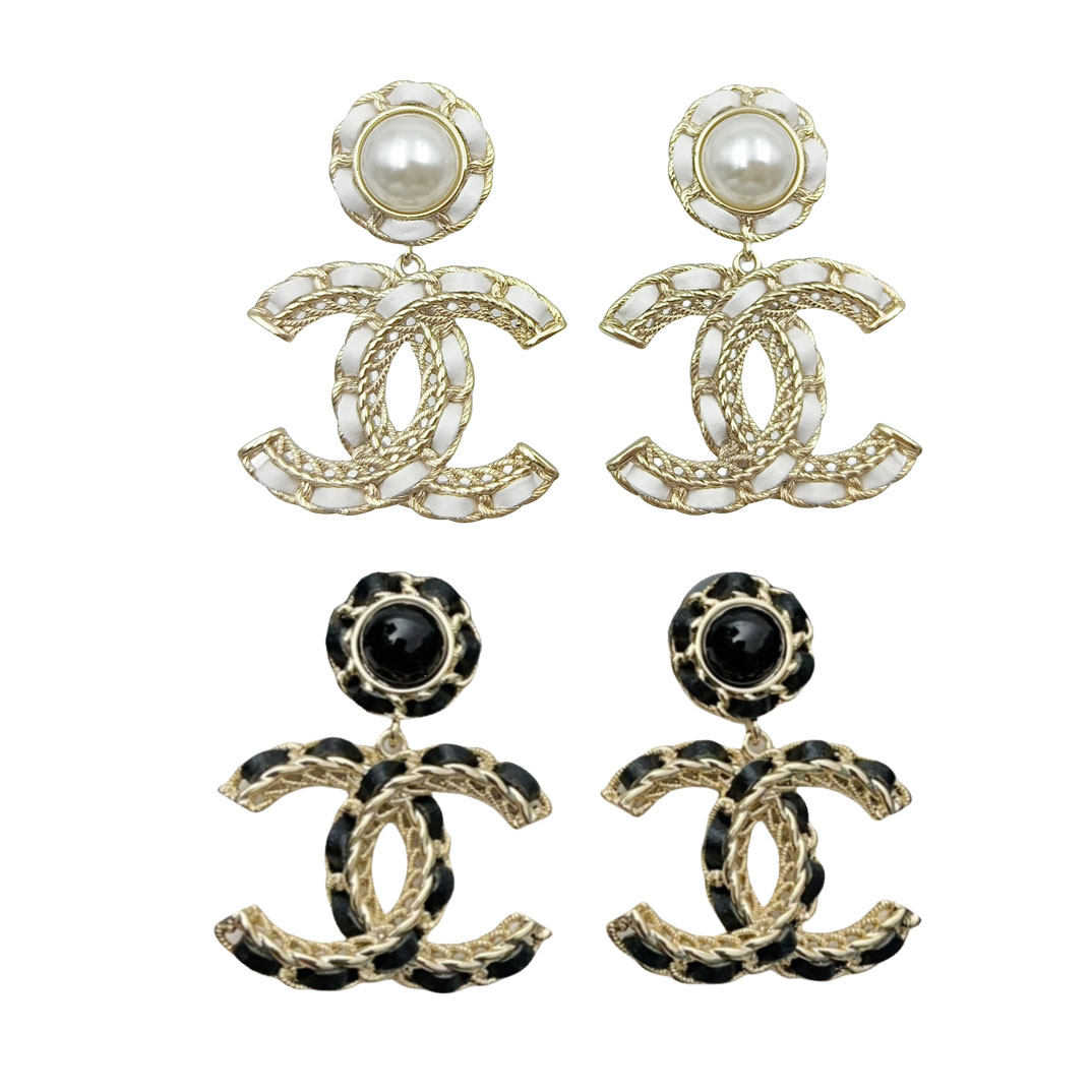 CCE065 Metal Black/White leather CC Logo drop earring - ccfashionjewelry