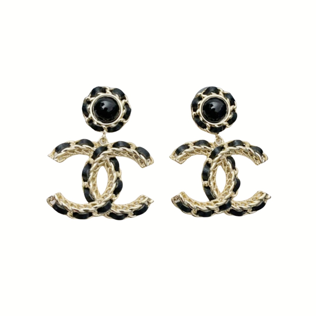 CCE065 Metal Black/White leather CC Logo drop earring - ccfashionjewelry