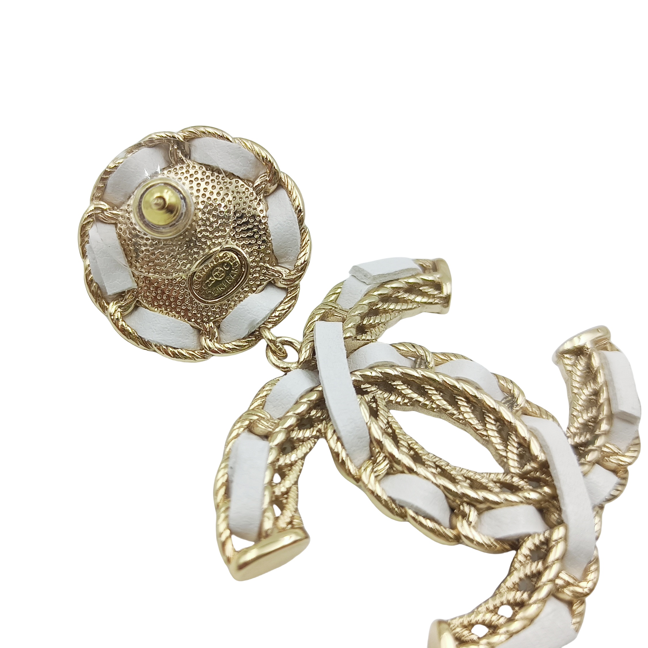 CCE065 Metal Black/White leather CC Logo drop earring - ccjewelryacc